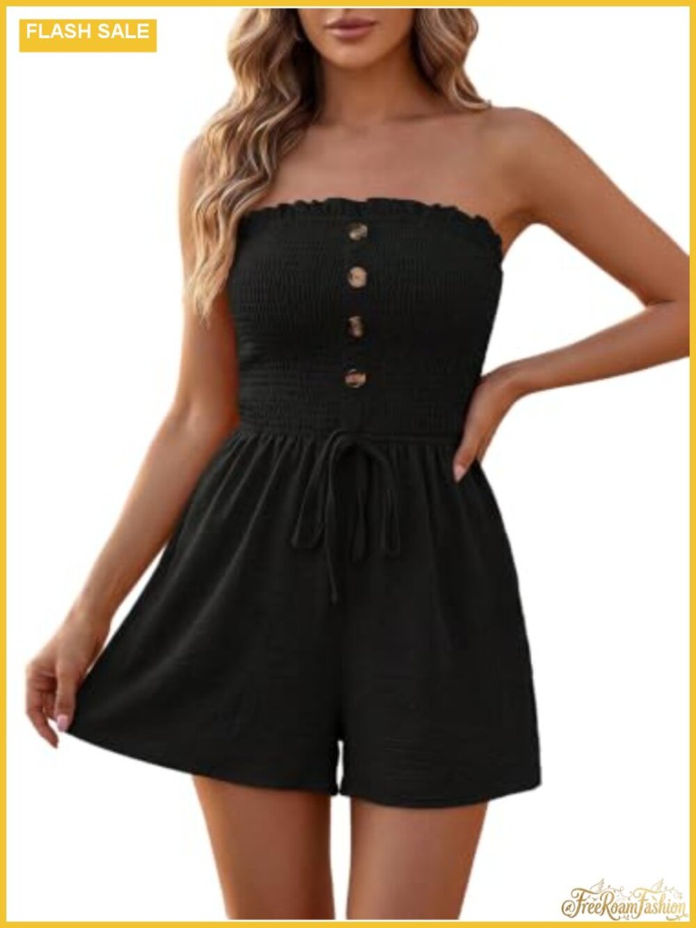 Women's Boho Strapless Tube Top Romper Smocked Drawstring Wide Leg Flowy Short